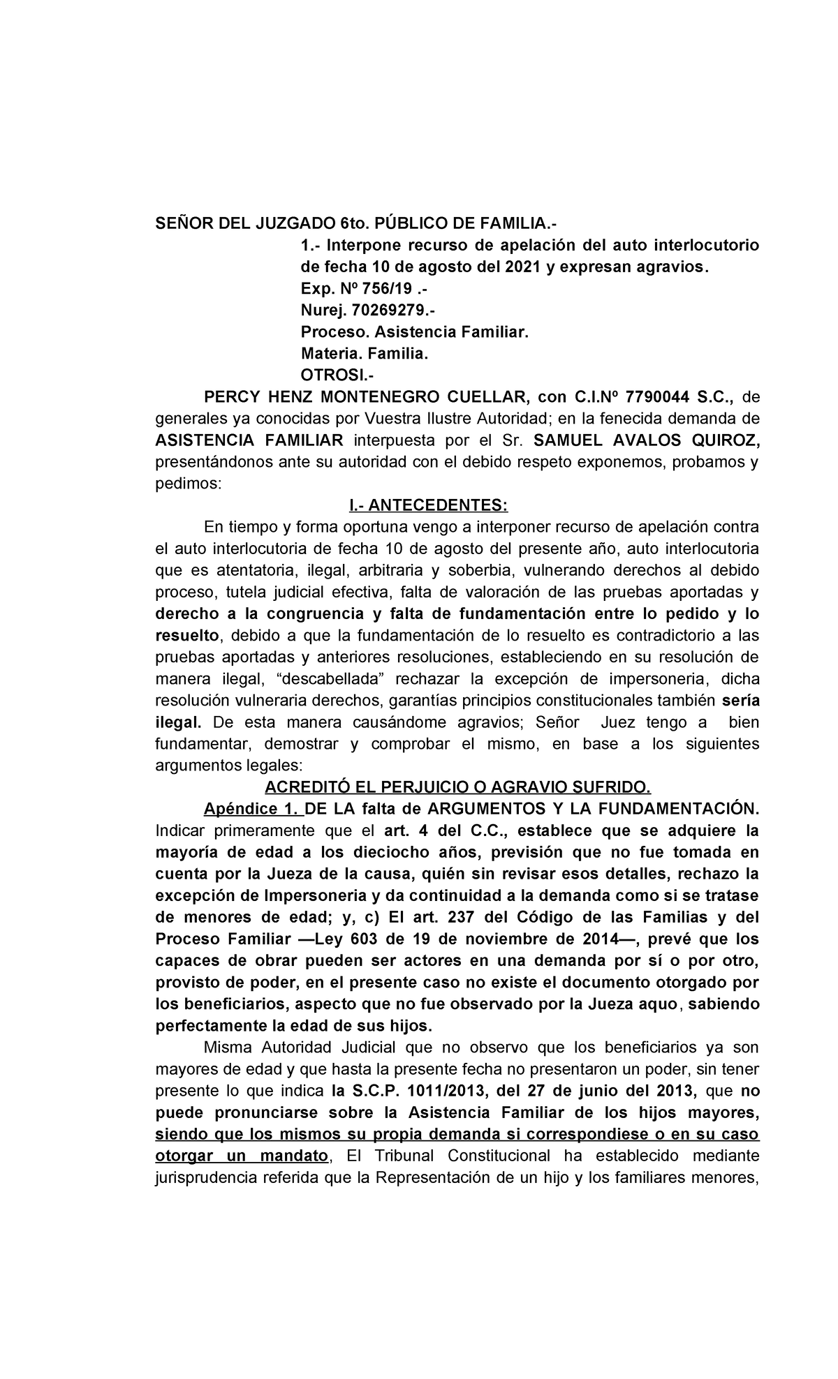 Recurso de Apelación en Asistencia Familiar - Exp. Nº 70269279 - Document Preview