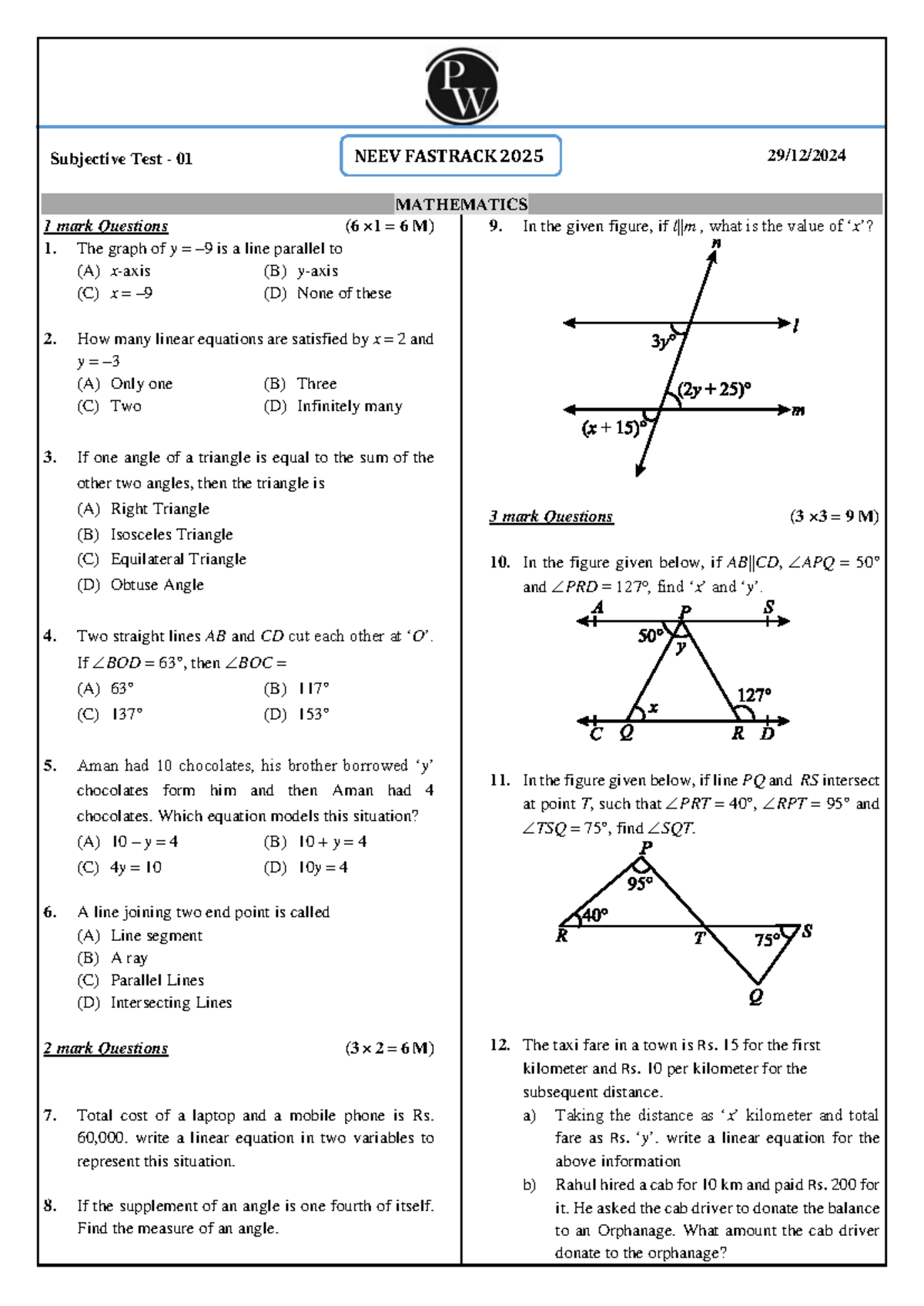 NEEV FASTRACK 2025 Subjective Test 01 Solutions - MATHEMATICS - Studocu
