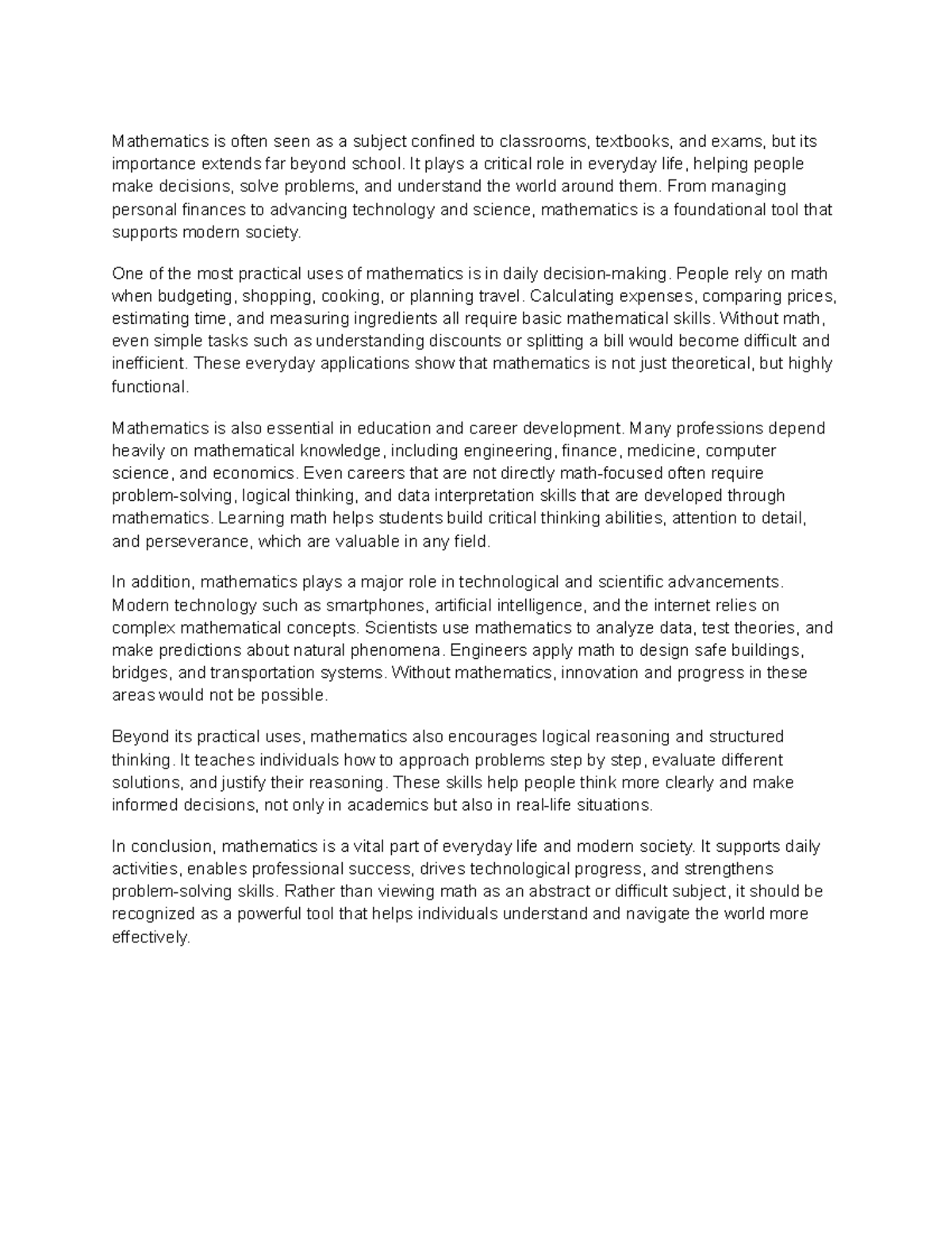 Math Essay: The Essential Role of Mathematics in Everyday Life - Studocu