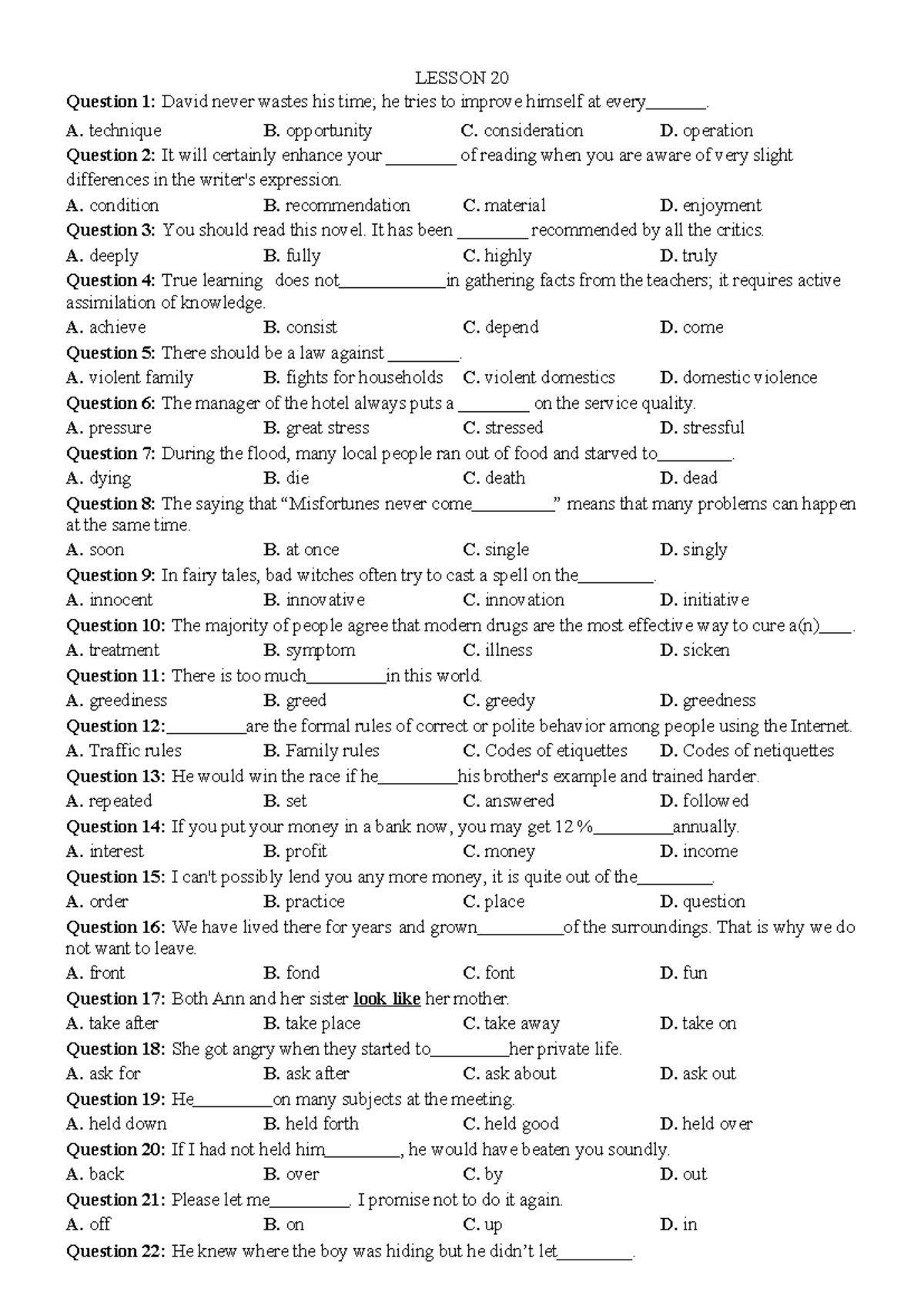 Lesson 20 - English Practice Questions and Answers - Studocu