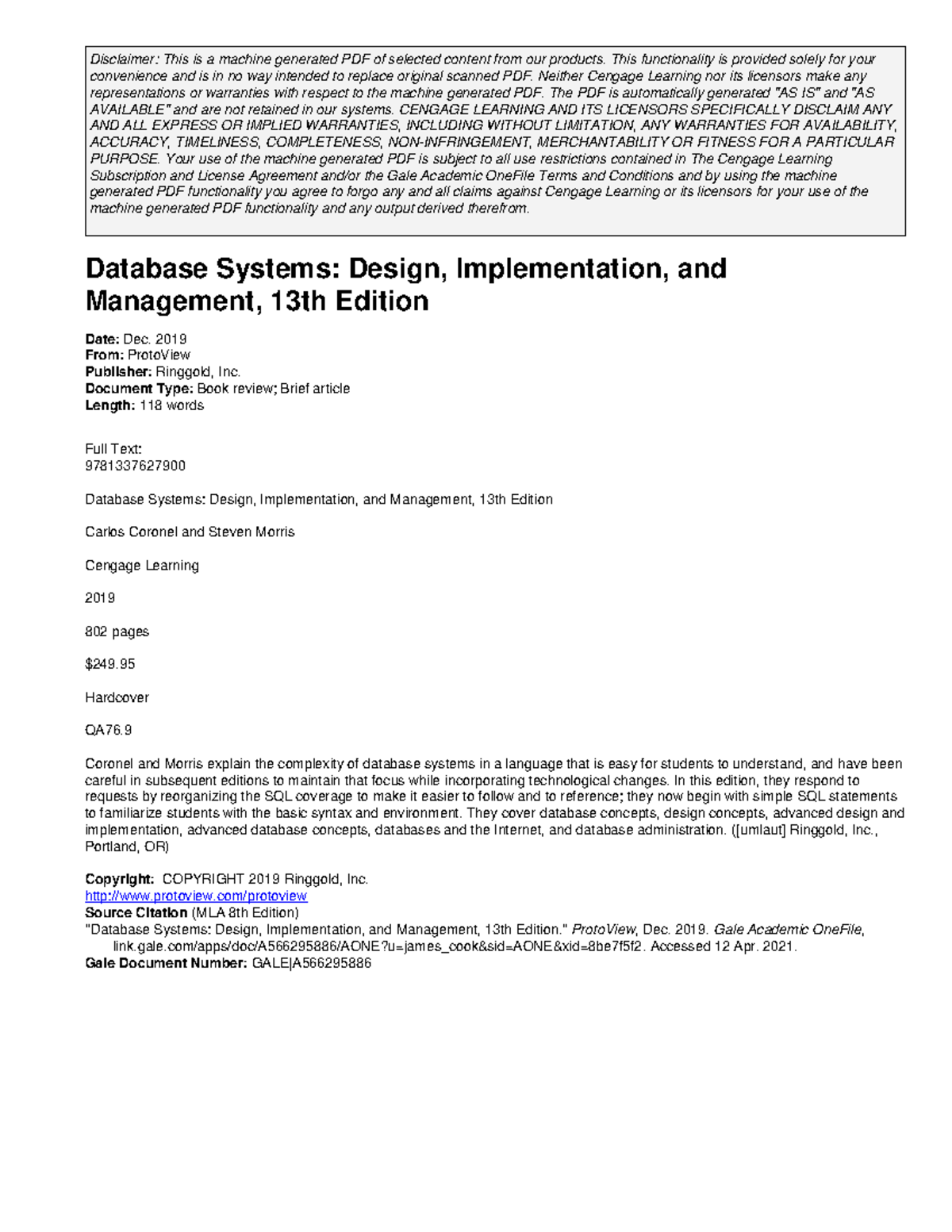 Database Systems Design Implem - Disclaimer: This is a machine ...