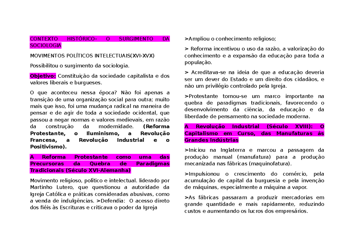 Resumo de Ciências Sociais - 2º AVA: Movimentos Políticos e Sociologia ...