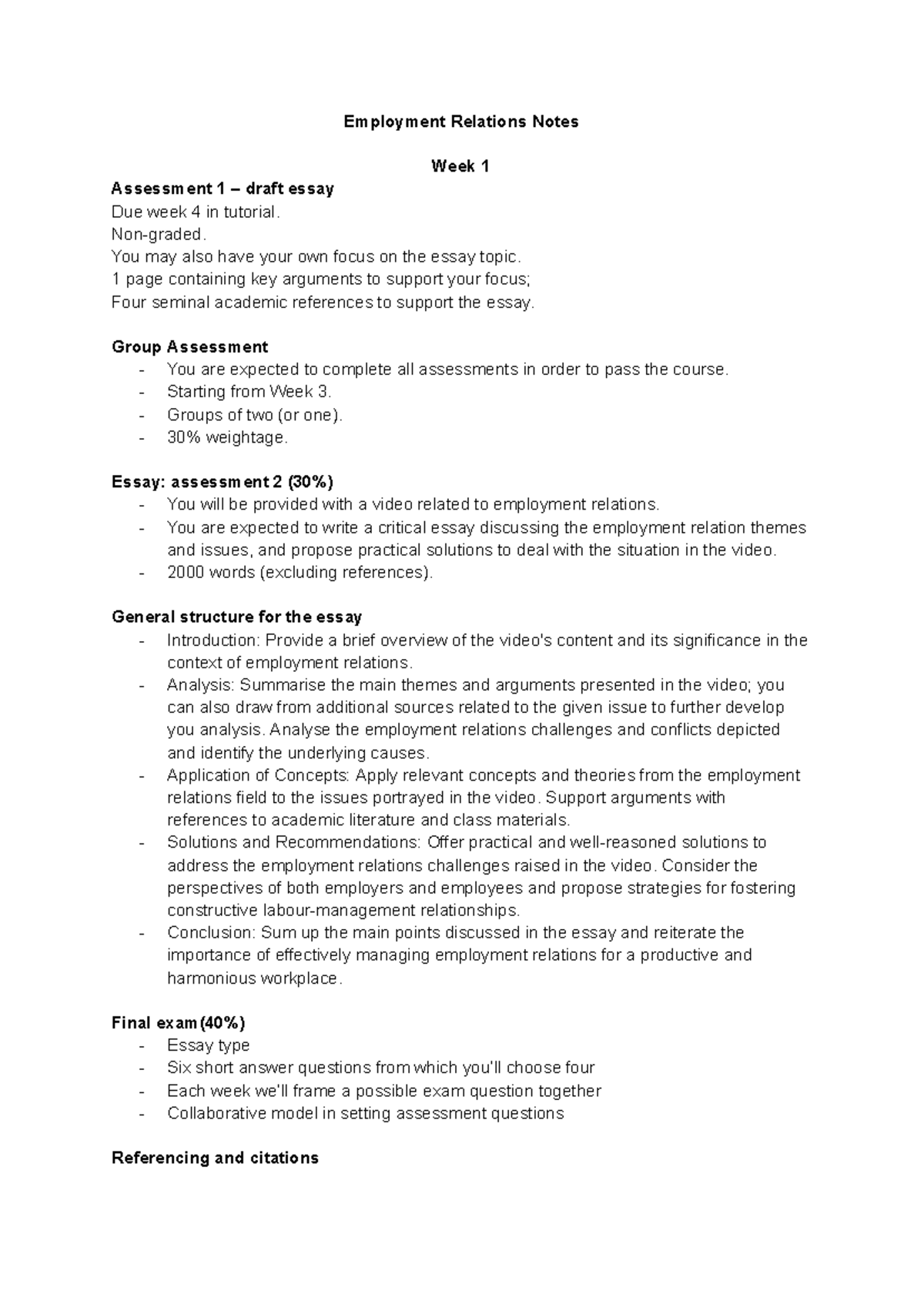 Employment Relations Lecture Notes (Week 1) - Assessment Guide - Studocu