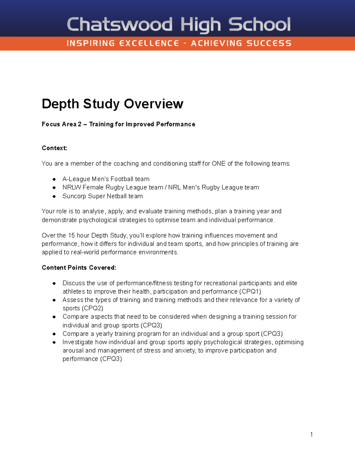 Depth Study Overview: Training Methods & Psychological Strategies (HMS ...