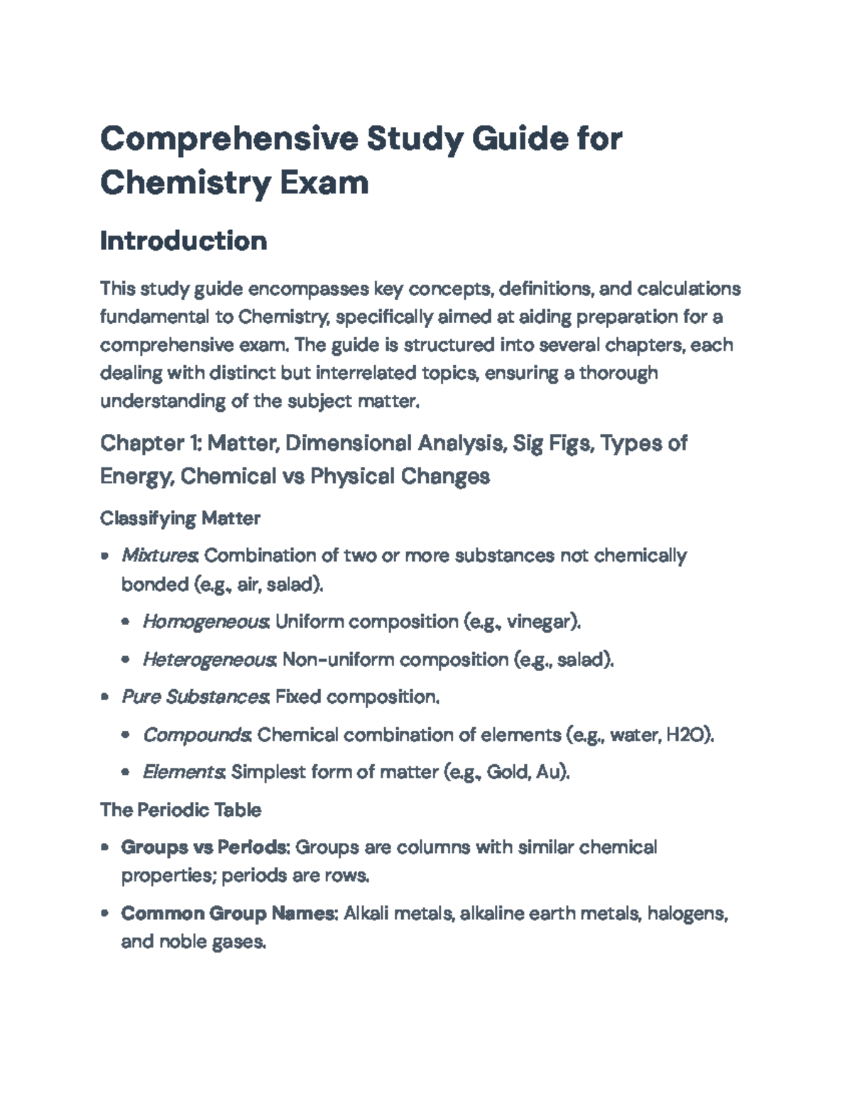 Chemistry Exam Study Guide: Key Concepts & Calculations (CHEM 101 ...