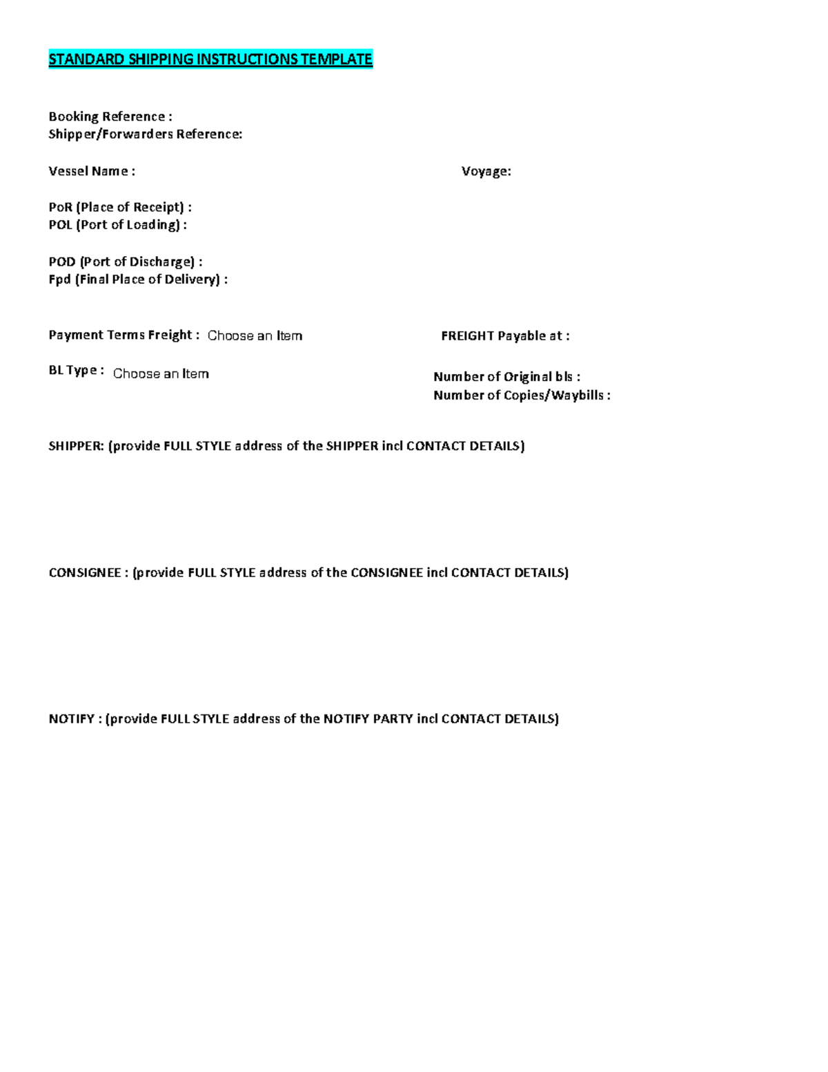 CMA CGM Standard Shipping Instructions Template - Studocu