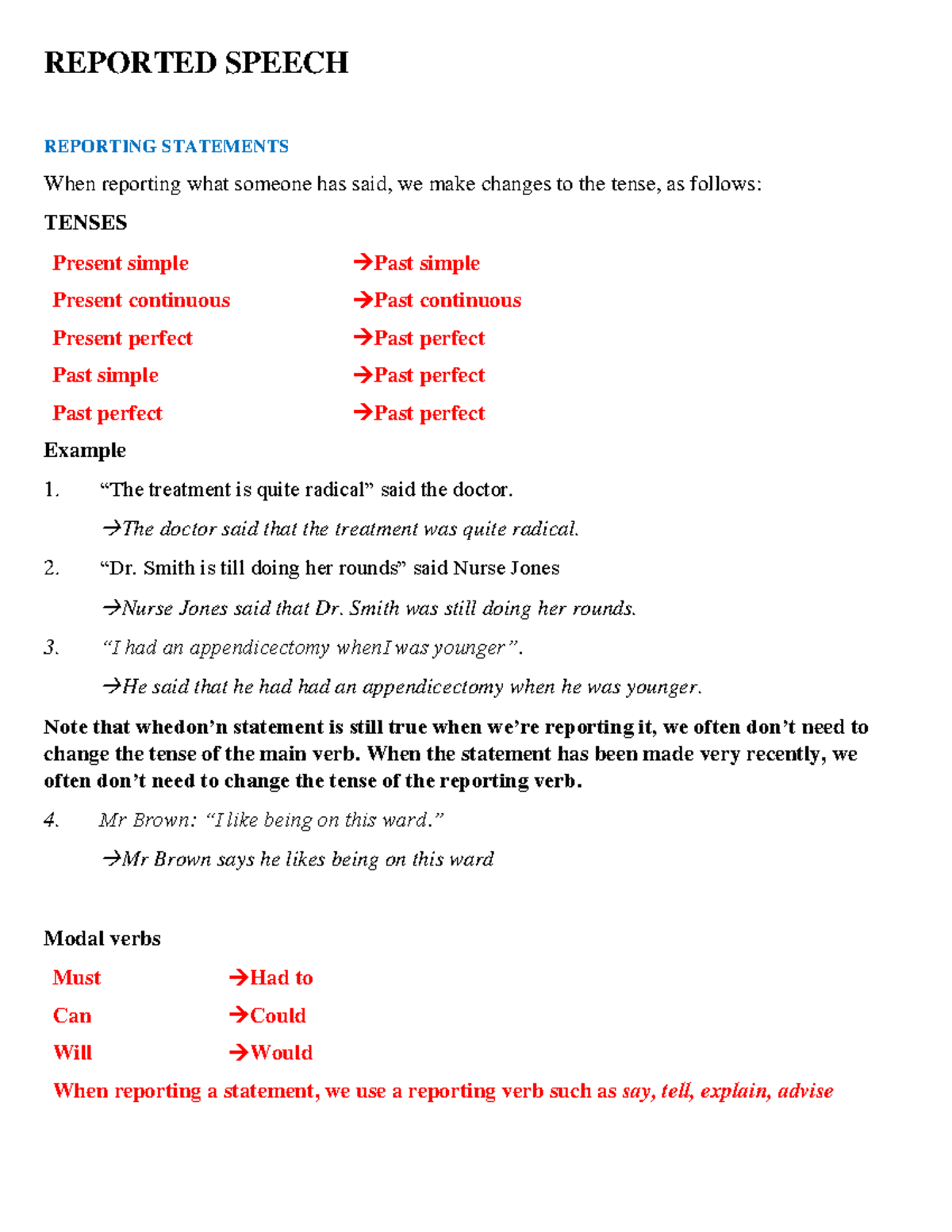 Practice: Reported Speech Exercises (ENG 101) - Studocu