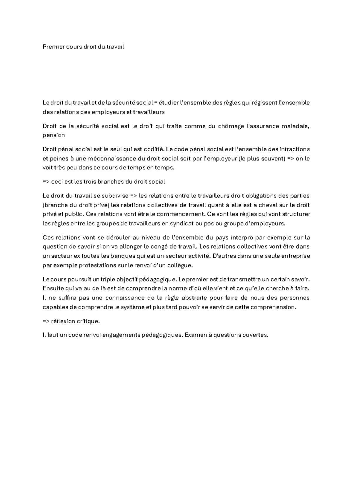 Droit du Travail et Sécurité Sociale - Cours Complet et Examen - Studocu