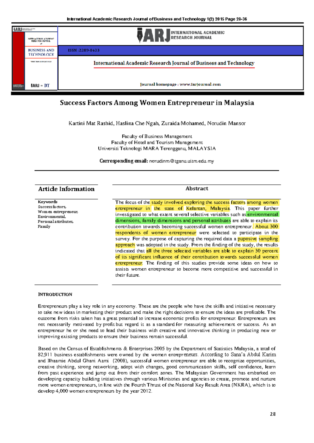 Success Factors Among Women Entrepreneur in Malaysia - uitm.edu Article ...