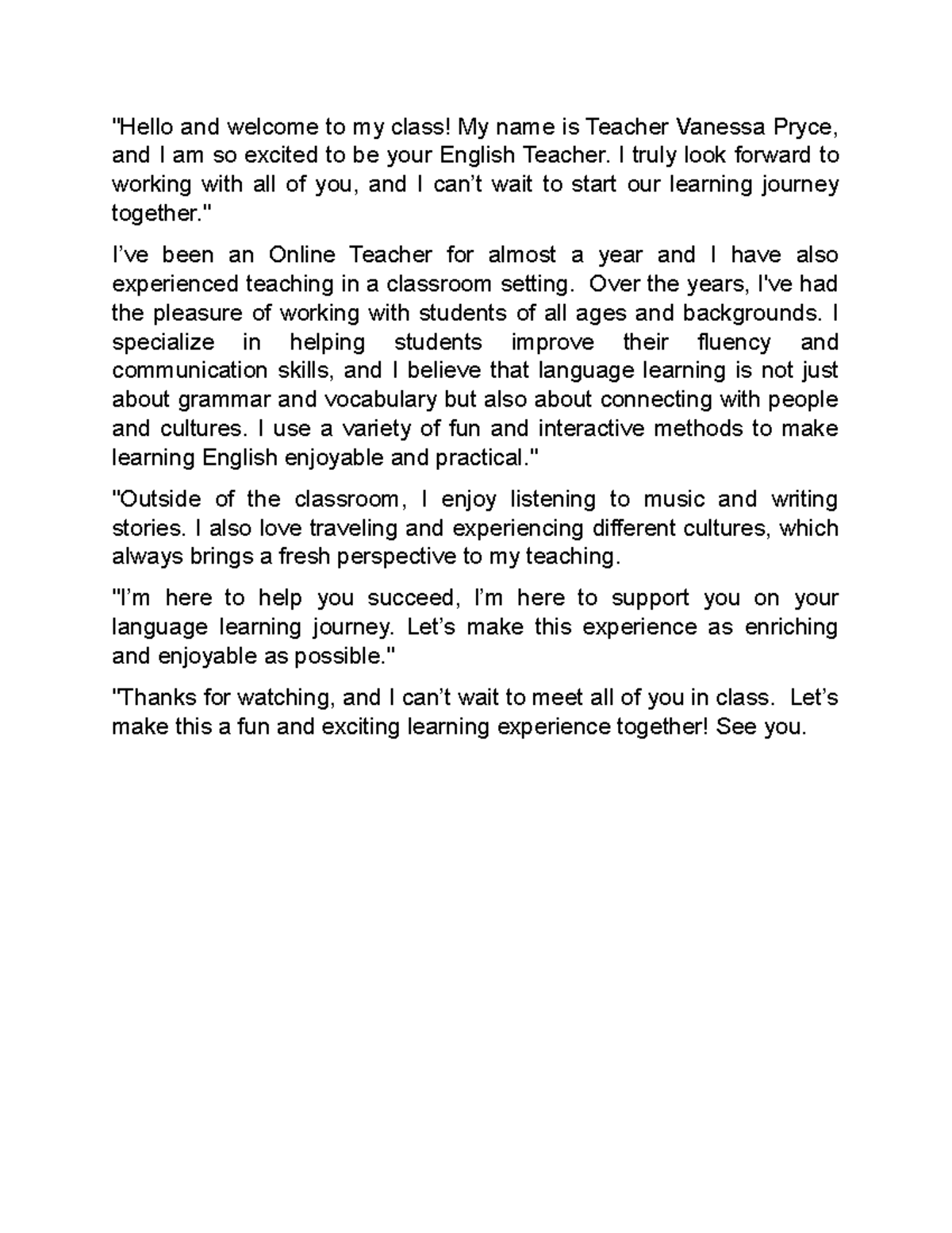 Video Script - Introduction to English Class with Teacher Vanessa - Studocu