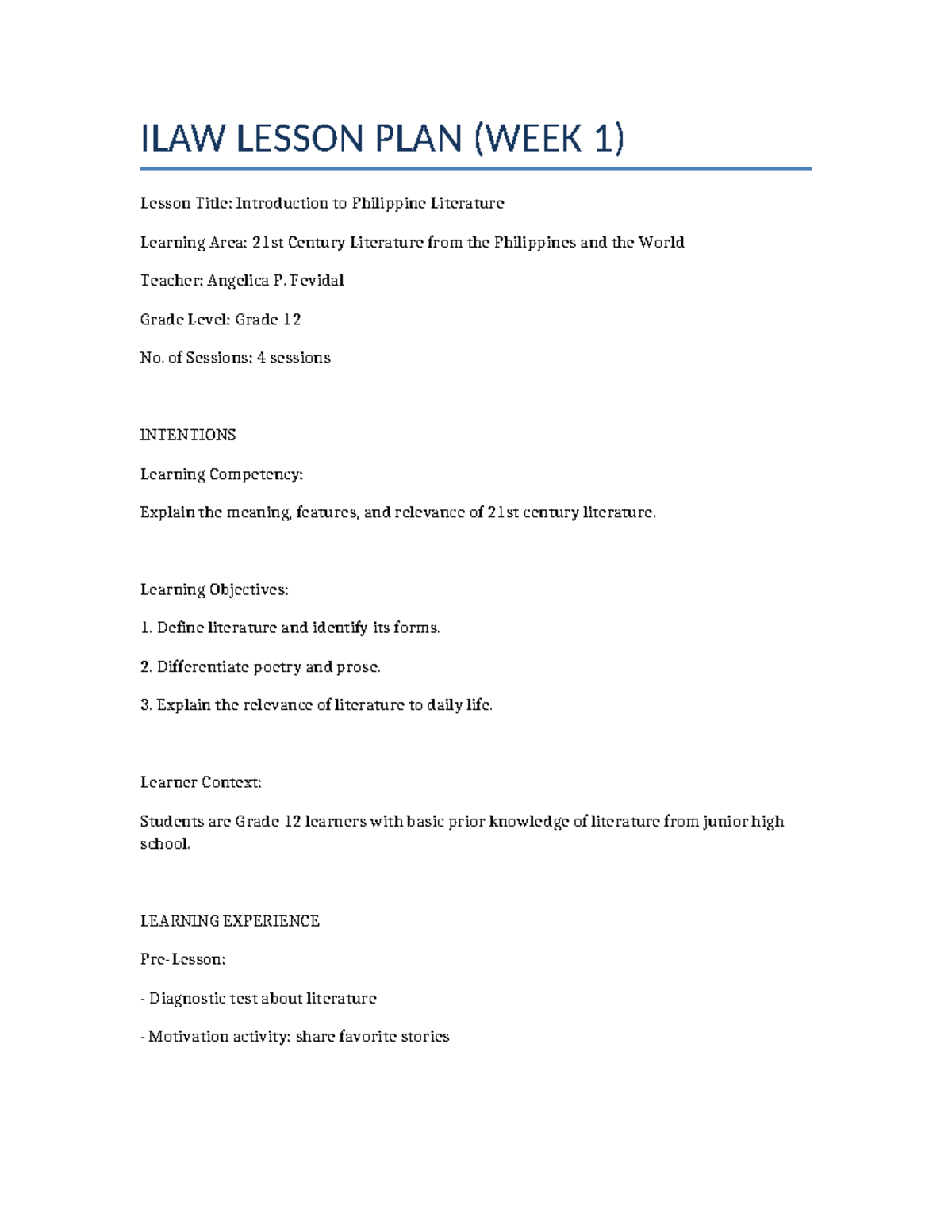 ILAW LESSON PLAN (WEEK 1): Intro to 21st Century Literature - Studocu