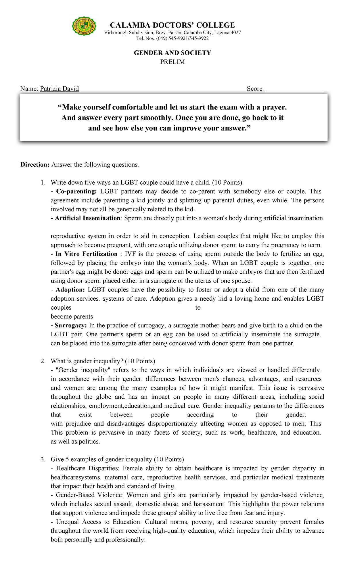 GENDER AND SOCIETY PRELIM EXAM - PATRIZIA DAVID - Studocu