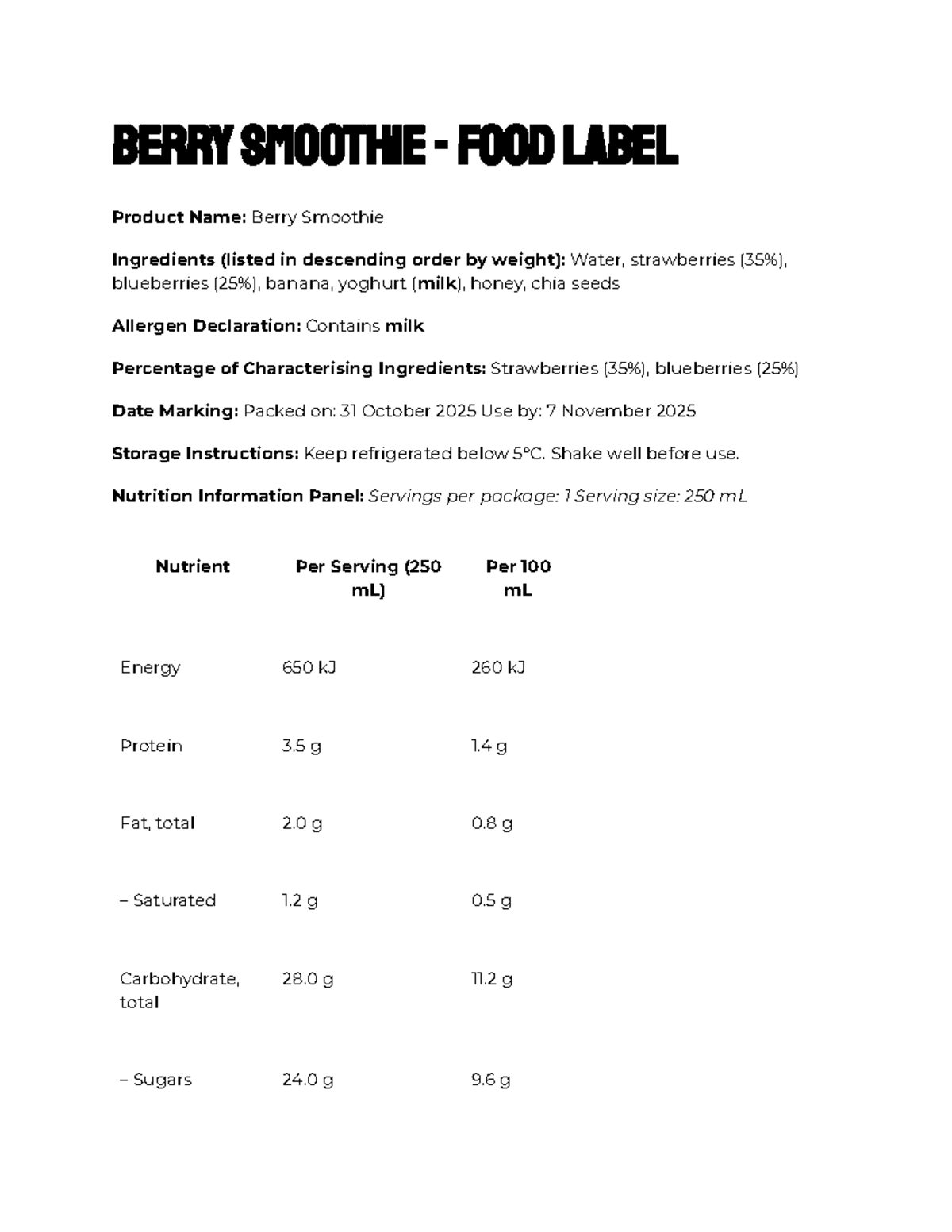 Berry Smoothie - Food Label & Nutrition Info - Studocu