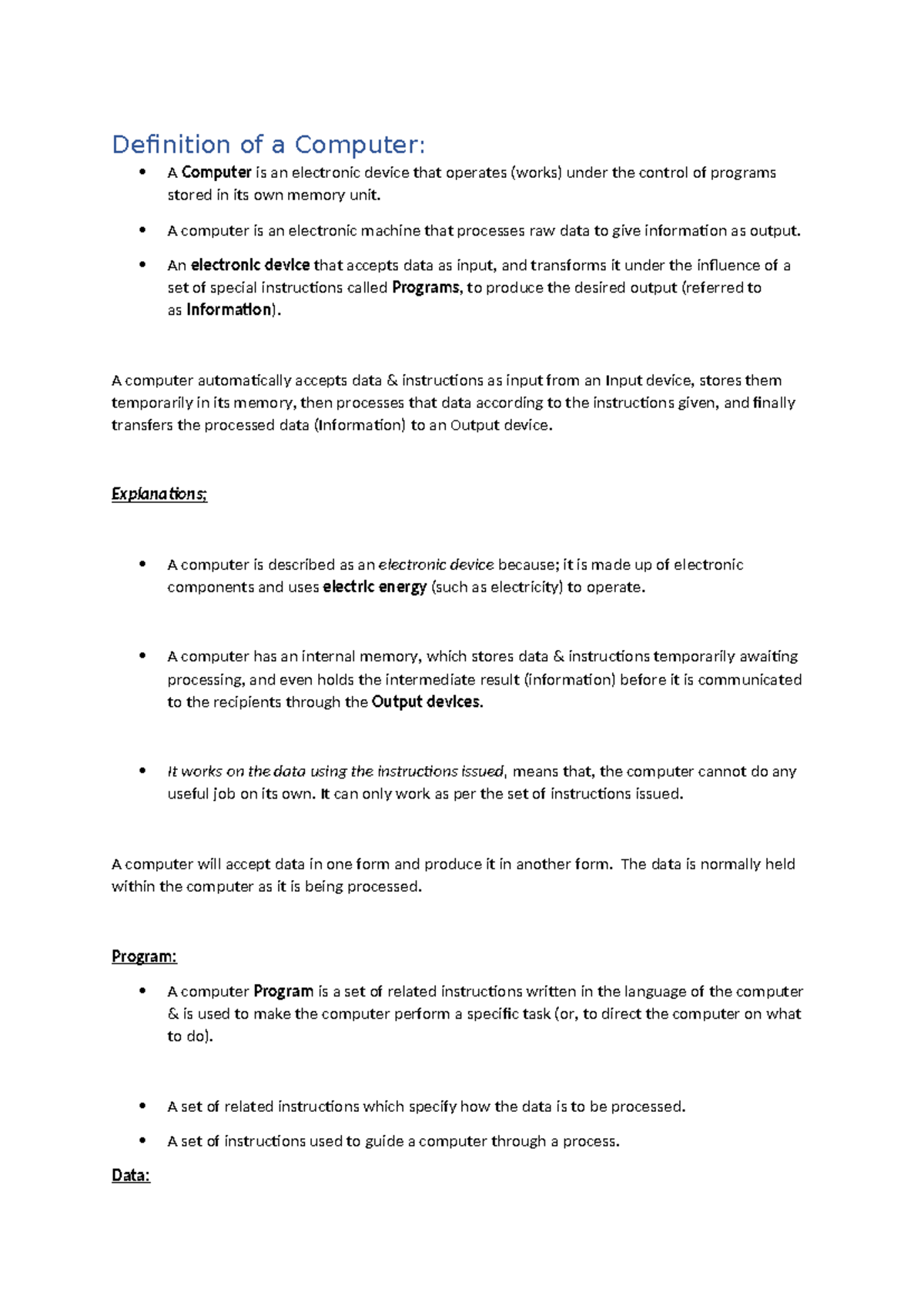 CS101: Definition and Functions of a Computer - Studocu