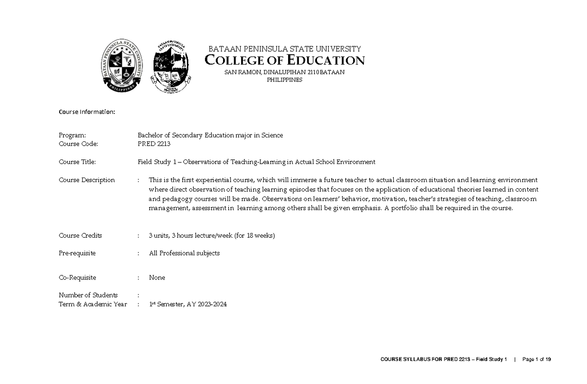 Field Study 1 Syllabus for PRED 2213: Observations in School ...