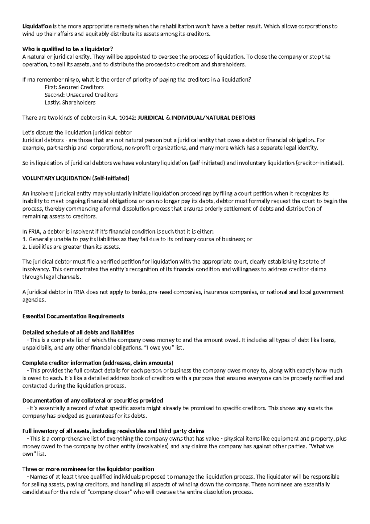 FRIA Report: Liquidation vs. Rehabilitation of Juridical Debtors - Studocu