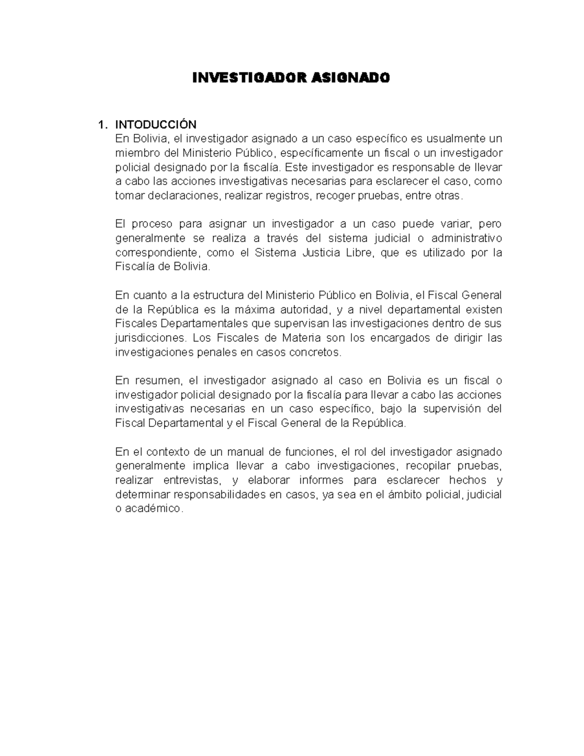 Funciones y Proceso del Investigador Asignado en Bolivia - Studocu