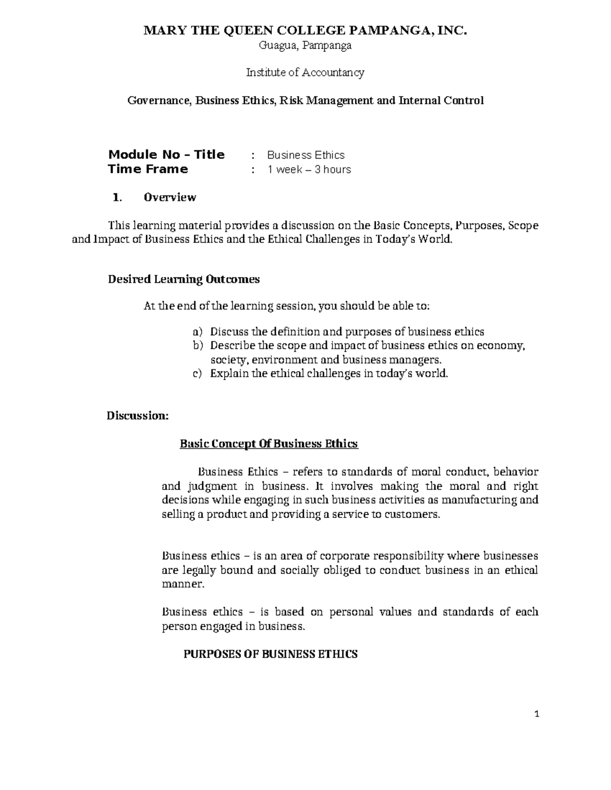 GOV 101: Business Ethics Overview & Ethical Challenges - Module 1 - Studocu