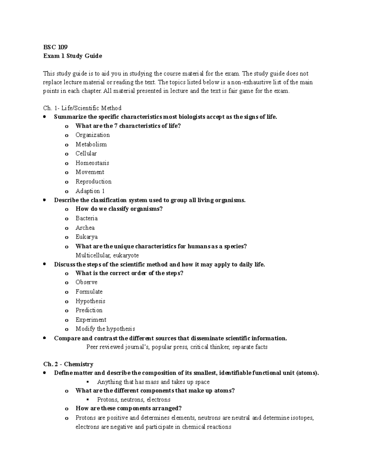 BSC 109 Exam 1 Study Guide: Key Topics and Concepts for Sp23 - Studocu
