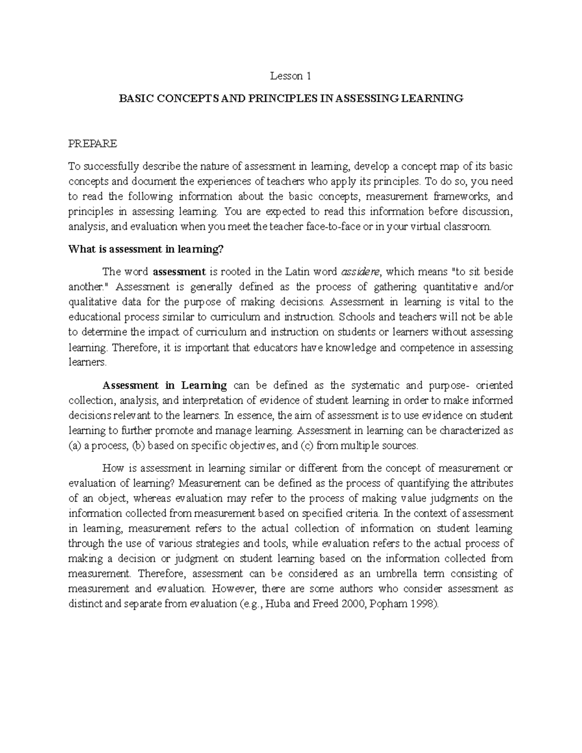 Ed PCK 2 - Lesson 1: Basic Concepts in Learning Assessment - Studocu