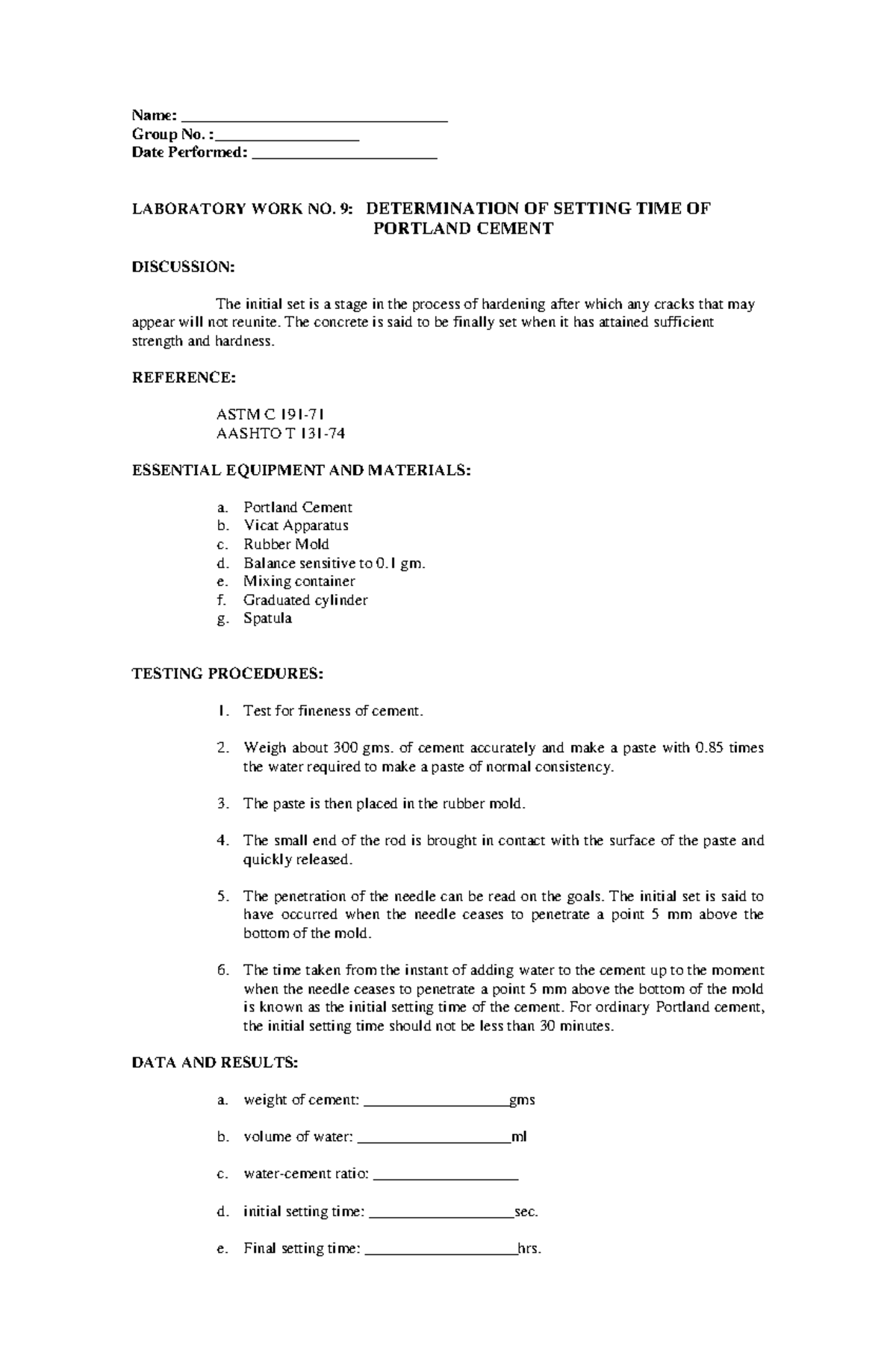 Laboratory Work No. 9: Setting Time of Portland Cement - CMT - Studocu