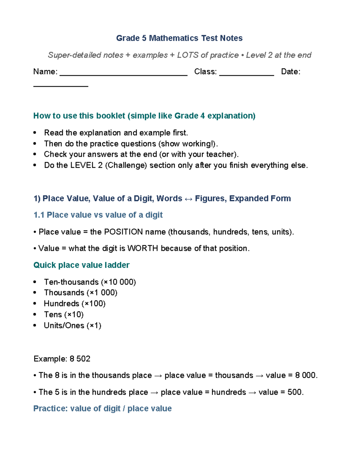 Grade 5 Maths Test Notes: Comprehensive Practice & Examples - Studocu