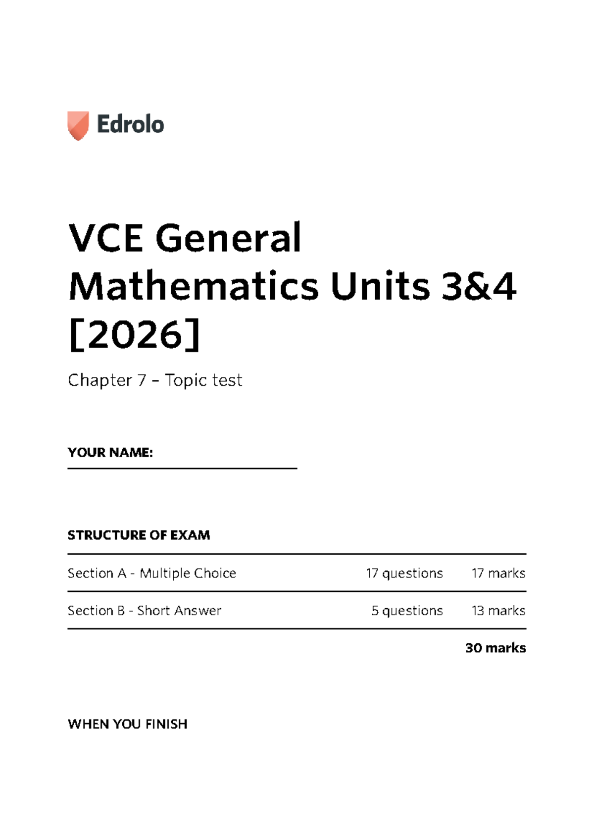 VCE General Mathematics Units 3 & 4 Chapter 7 Topic Test - Studocu