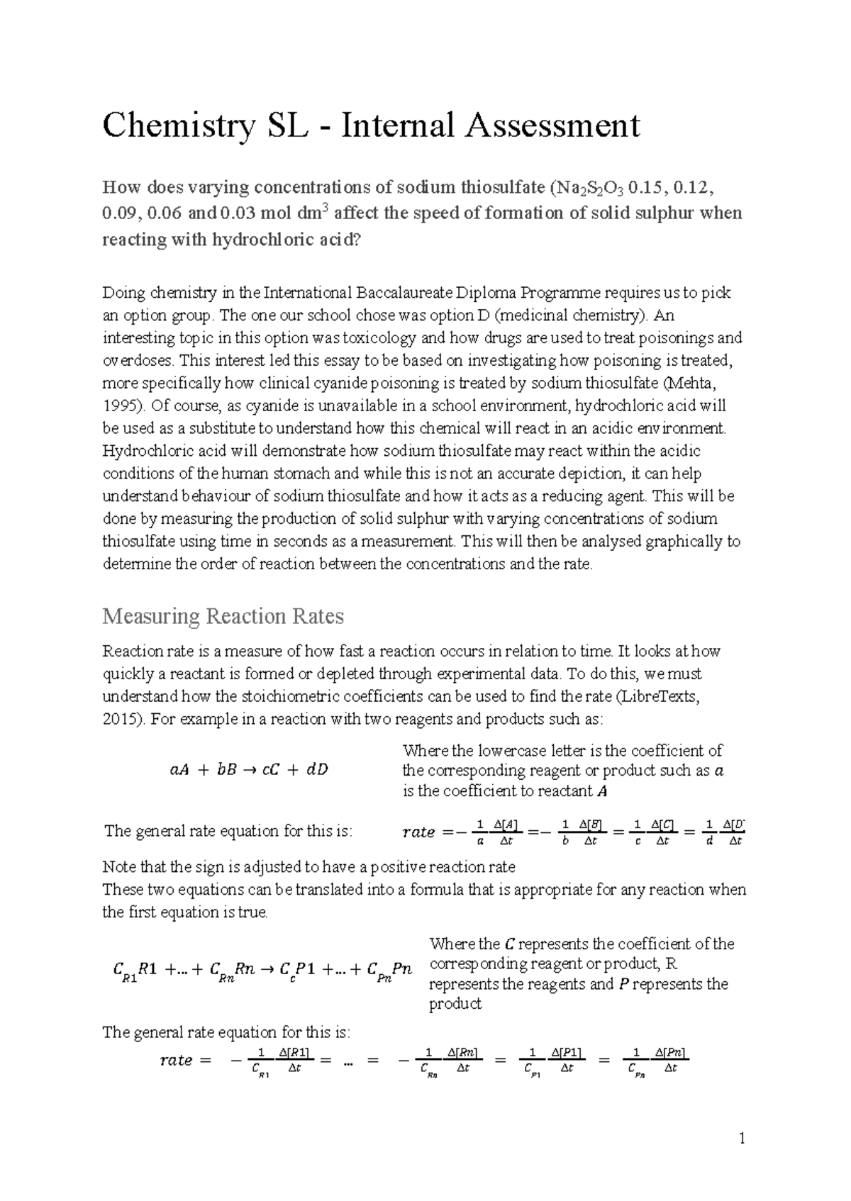 Chemistry SL IA: Effect of Na2S2O3 Concentration on Sulfur Formation ...