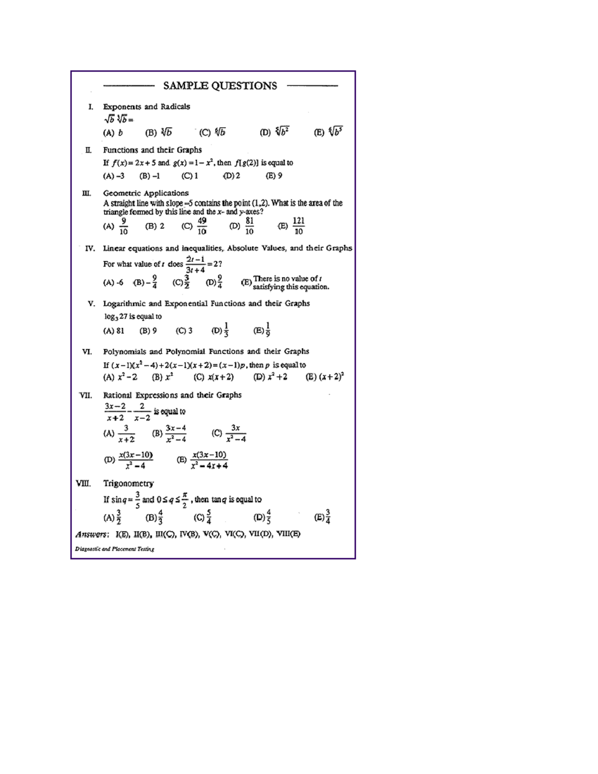 Math Placement - Math practice. - SAMPLE QUESTIONS I. Exponents and ...