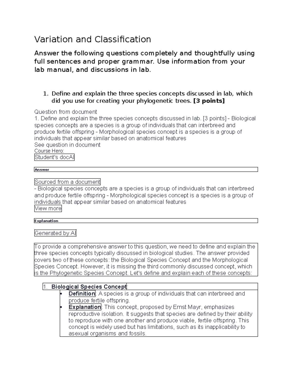 Bio 102 Woeksheet for Variation and Classification Spring 2025 ...