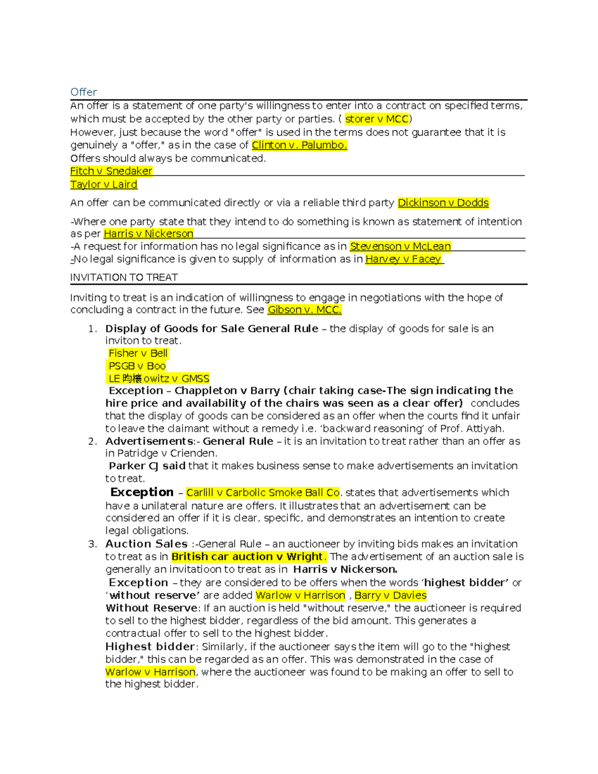 Offer and Acceptance Notes Overview for Contract Law (LAW101) - Studocu
