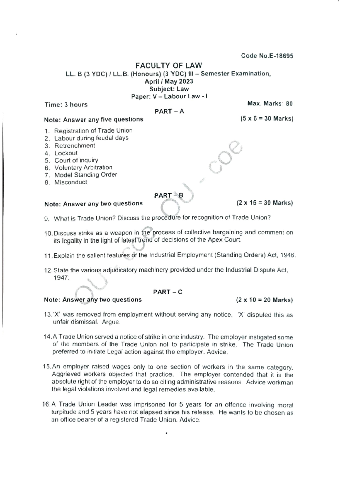 Labour Law I (LL. B 3 YDC) - Compilation of Previous Year Question ...