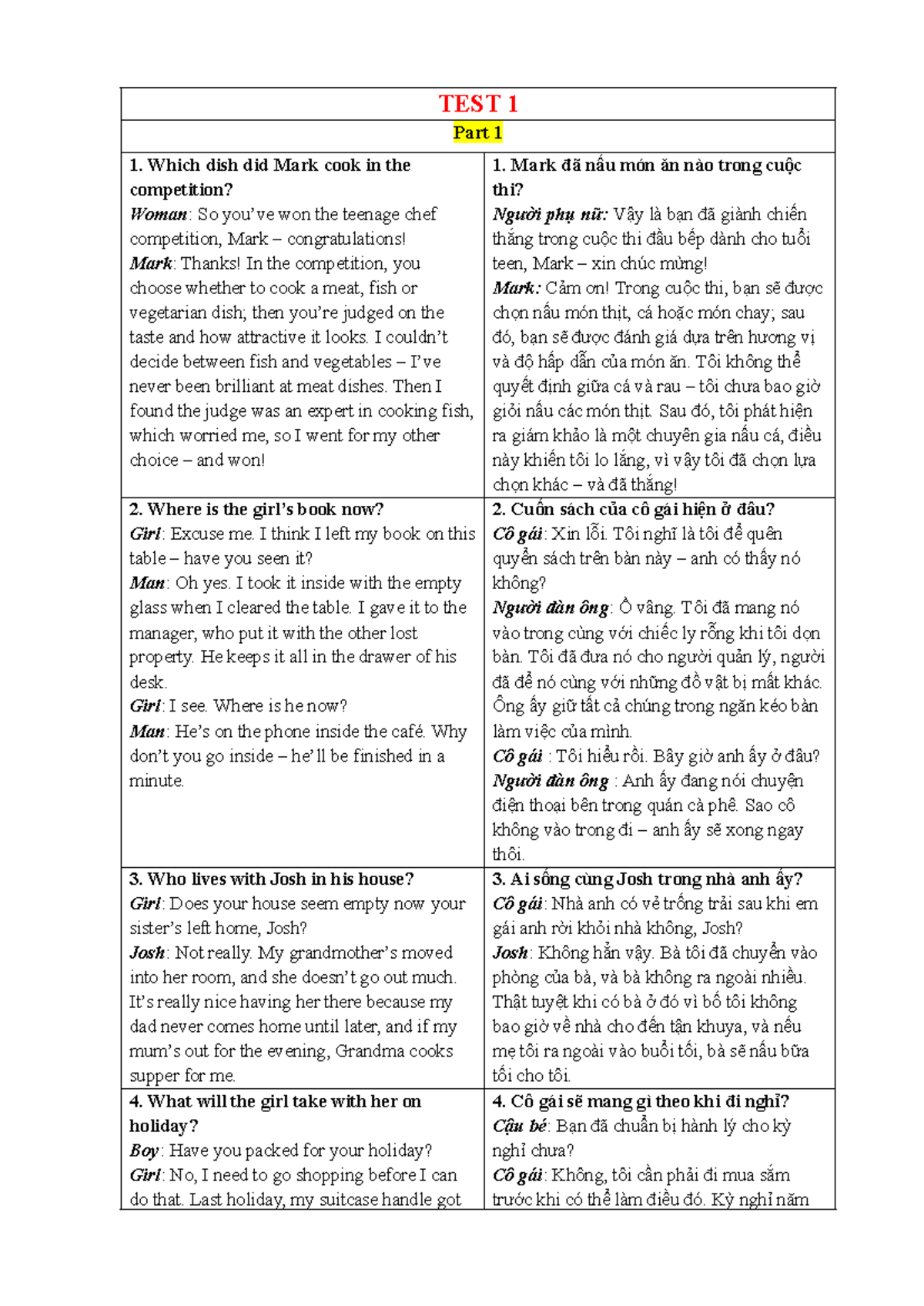 PET 1 - Listening Comprehension Practice and Questions - Studocu