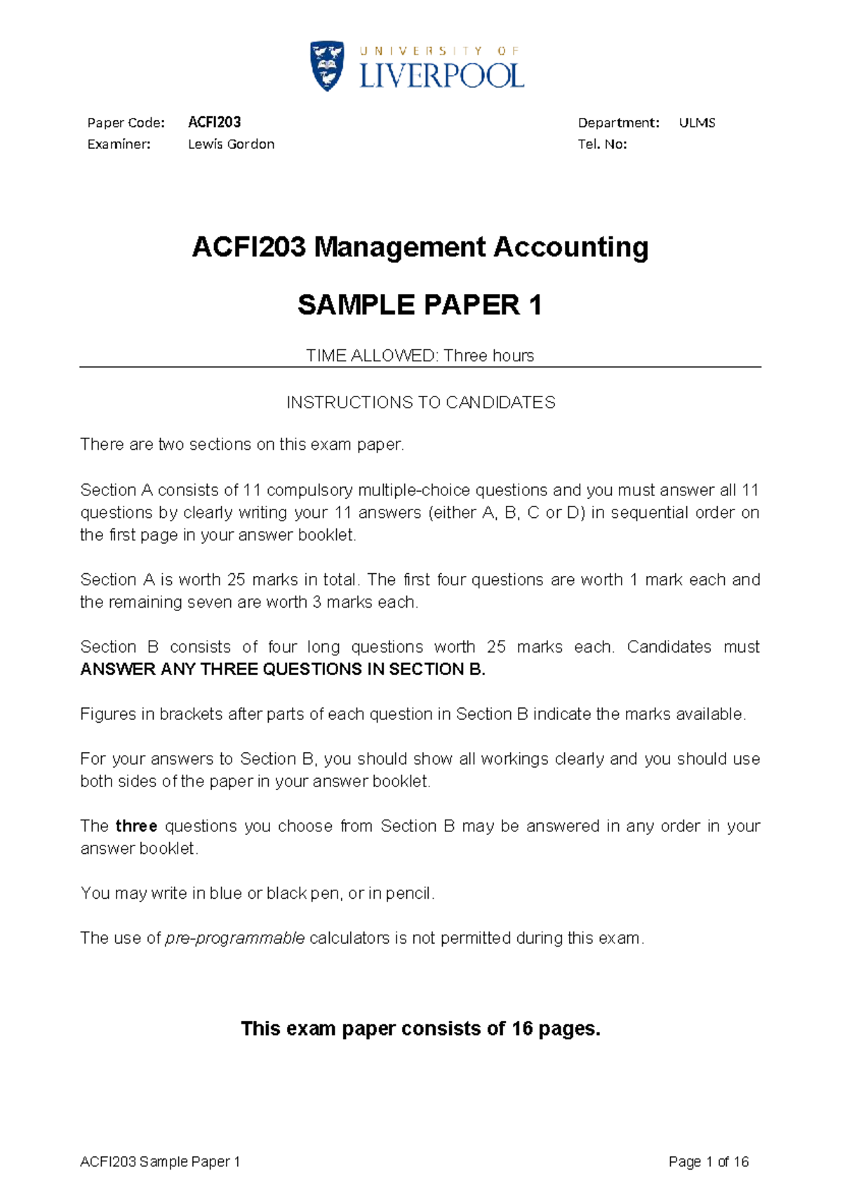ACFI203 Management Accounting Final Exam Sample Paper 1 - Studocu