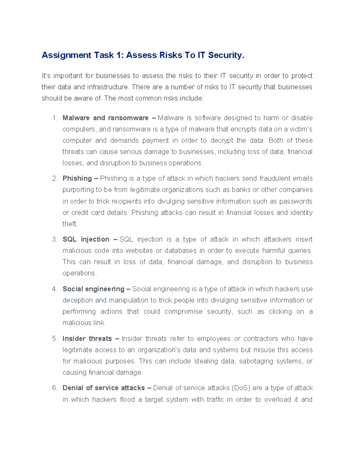 IT Security Risks and Solutions Assessment - TASK 01 Analysis - Studocu