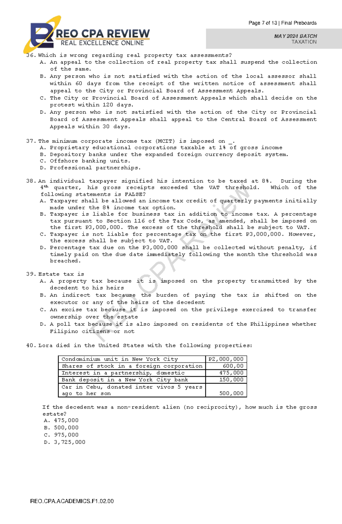 REO 07 TAX Final Preboard Review - May 2024 Batch - Studocu