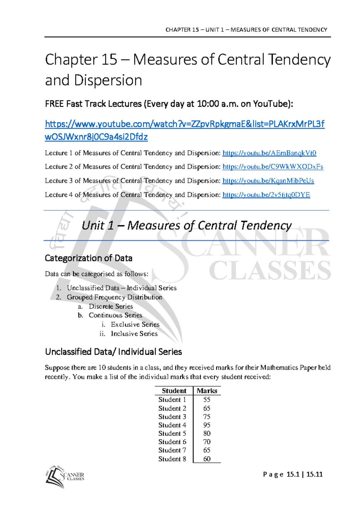 Revision Notes - Measures of Central Tendency & Dispersion (Chapter 15 ...