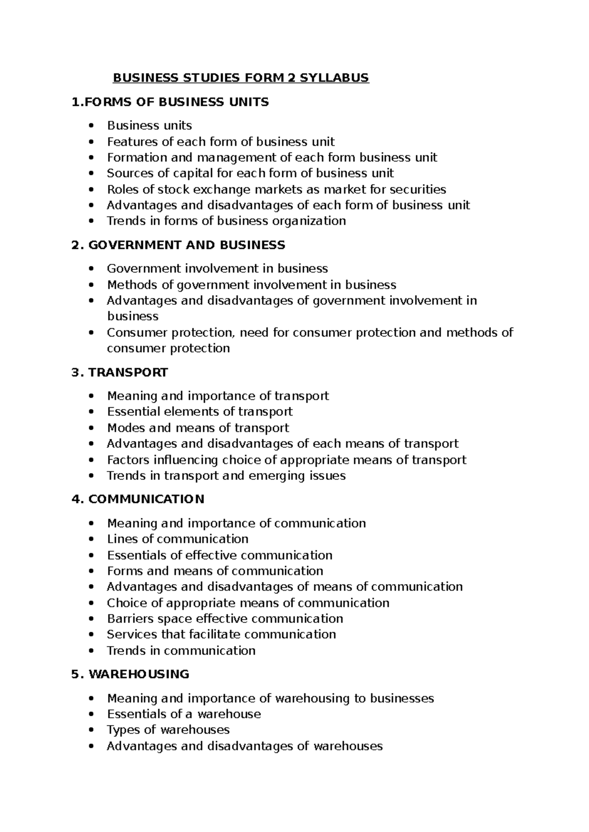 Business Studies FORM 2 Syllabus Overview and Key Concepts - Studocu