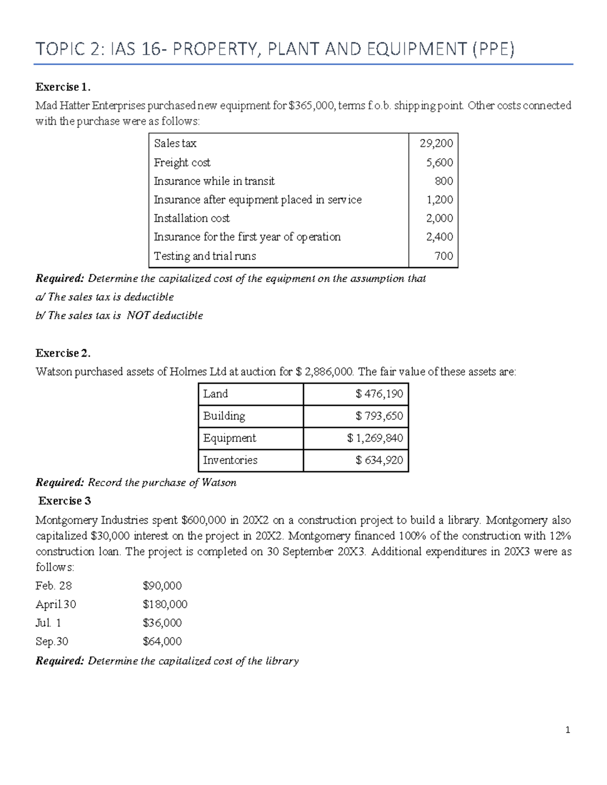 PPE Eng Exercises: IAS 16 Insights & Capitalization Analysis - Studocu
