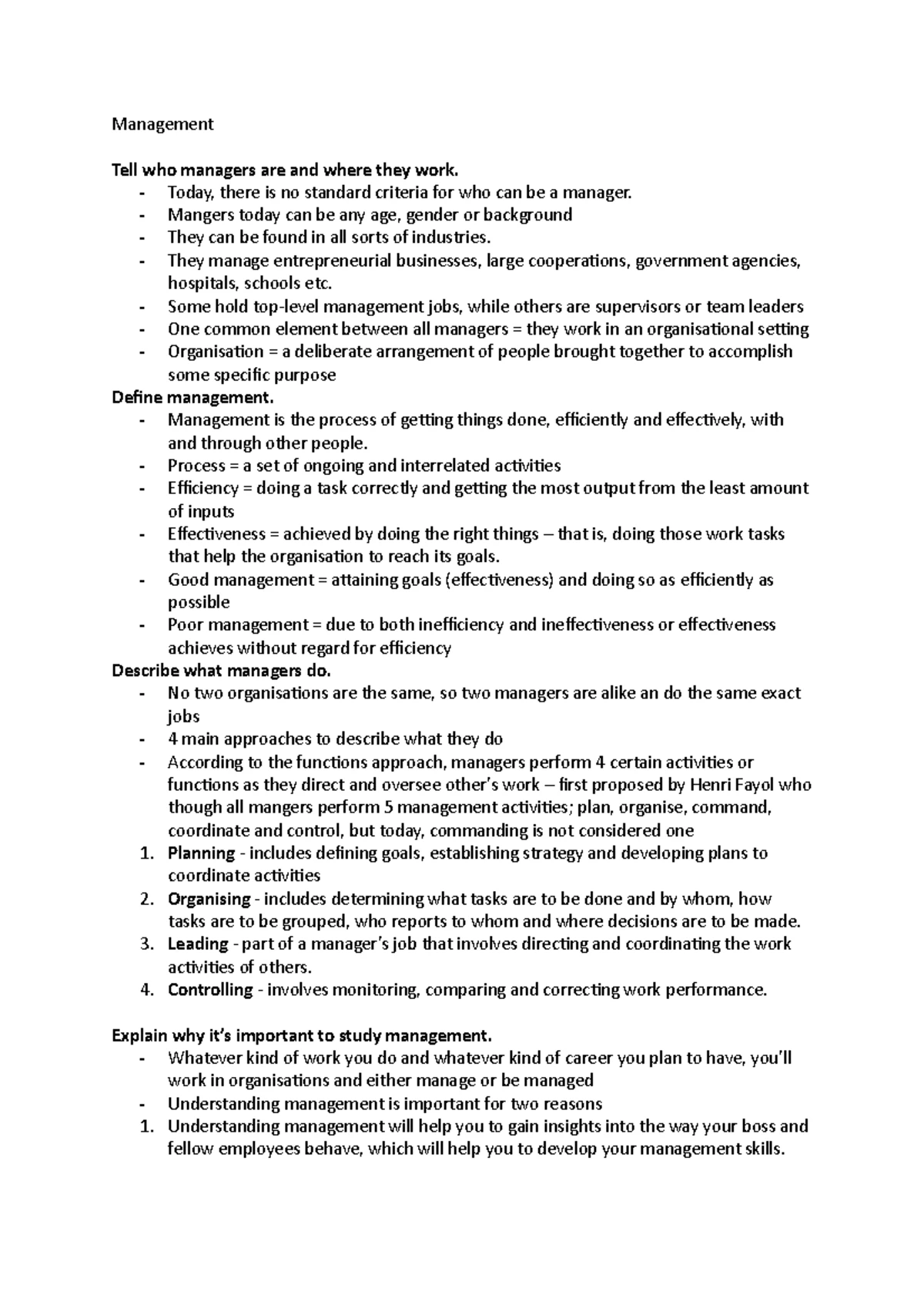 Intro to Management Notes - Introduction to Management Notes Lecture 2 ...