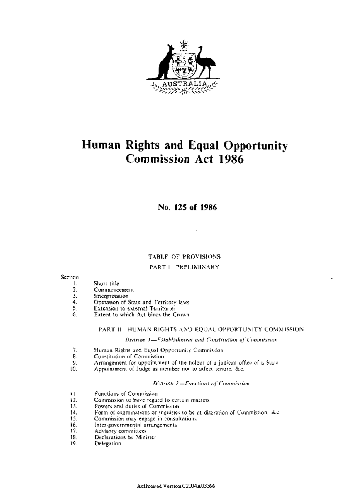 Human Rights and Equal Opportunity Commission Act 1986 Overview - Studocu