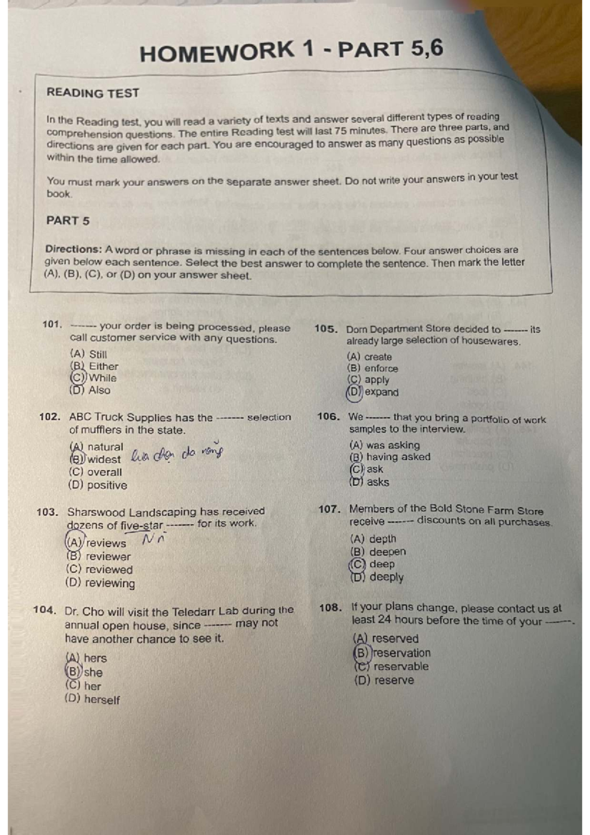 HOMEWORK 1 READING TEST PARTS 5 & 6 - Studocu