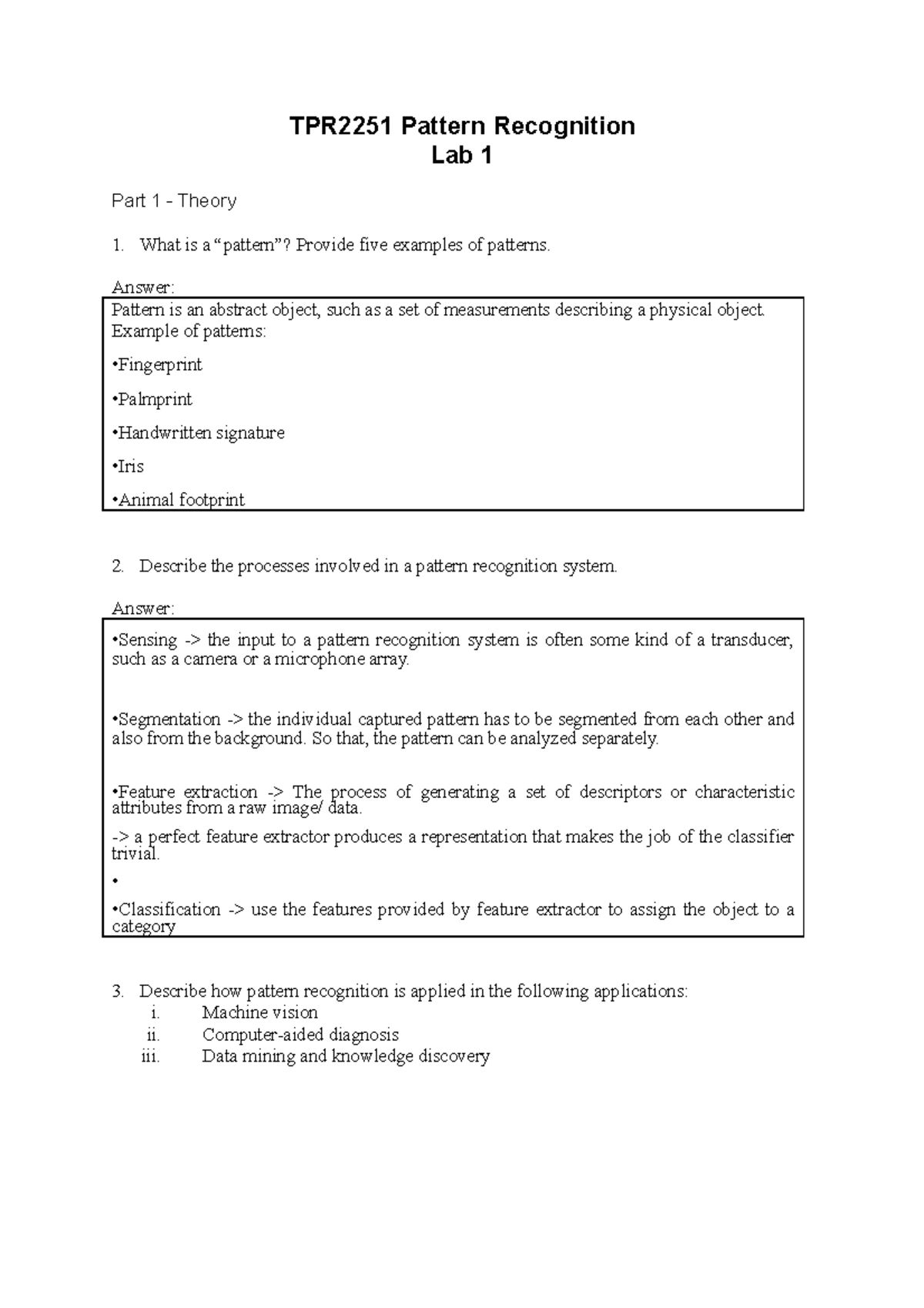 Lab 1 question Pattern-Recognition - TPR2251 Pattern Recognition Lab 1 ...