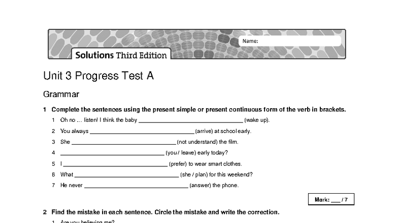 Unit 3 Progress Test A: Grammar & Vocabulary Solutions - Studocu
