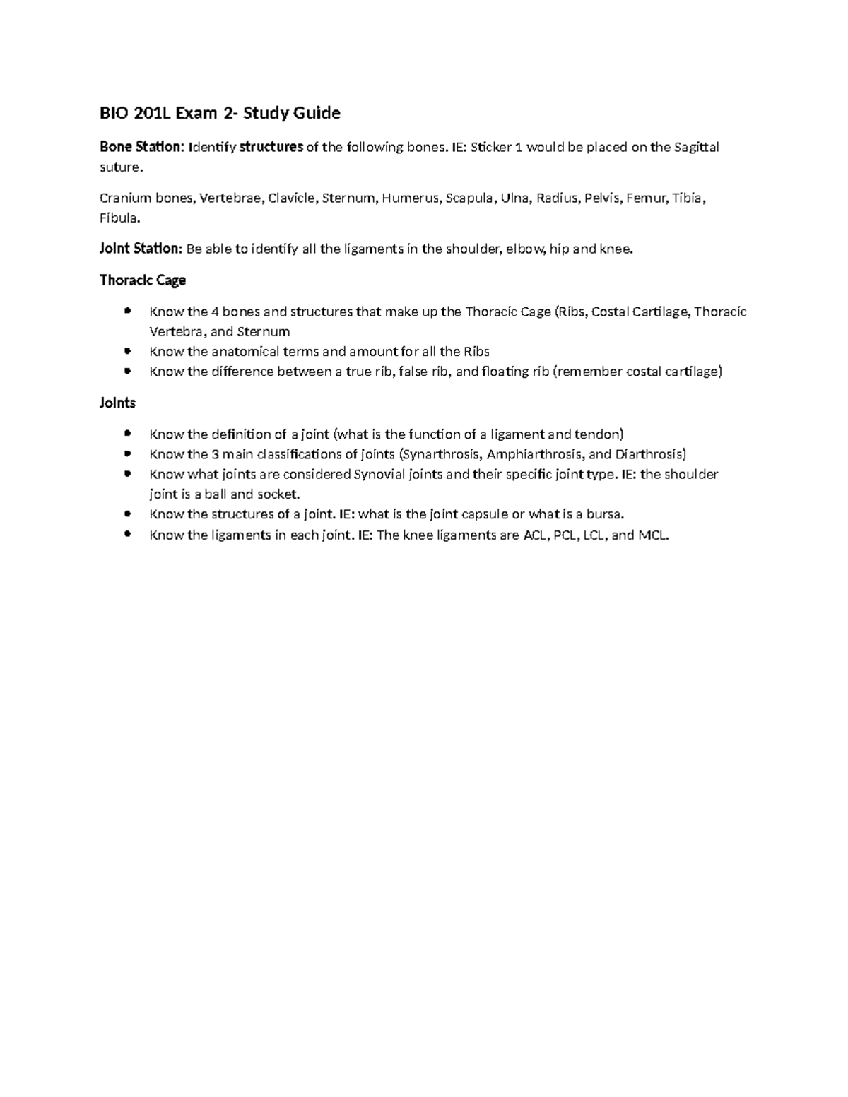 BIO 201L Exam Study Guide: Bone and Joint Structures - Studocu