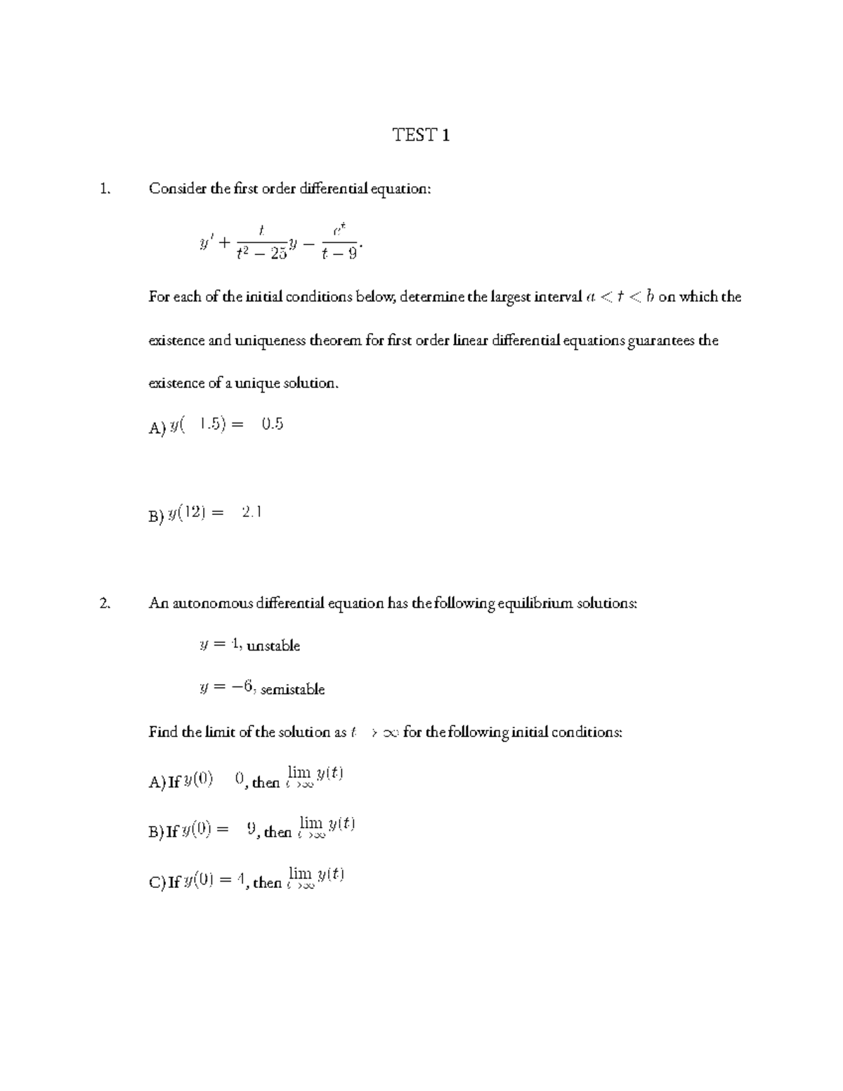MAT 275 Modern Differential Equations Midterm Test 1 Notes - Studocu
