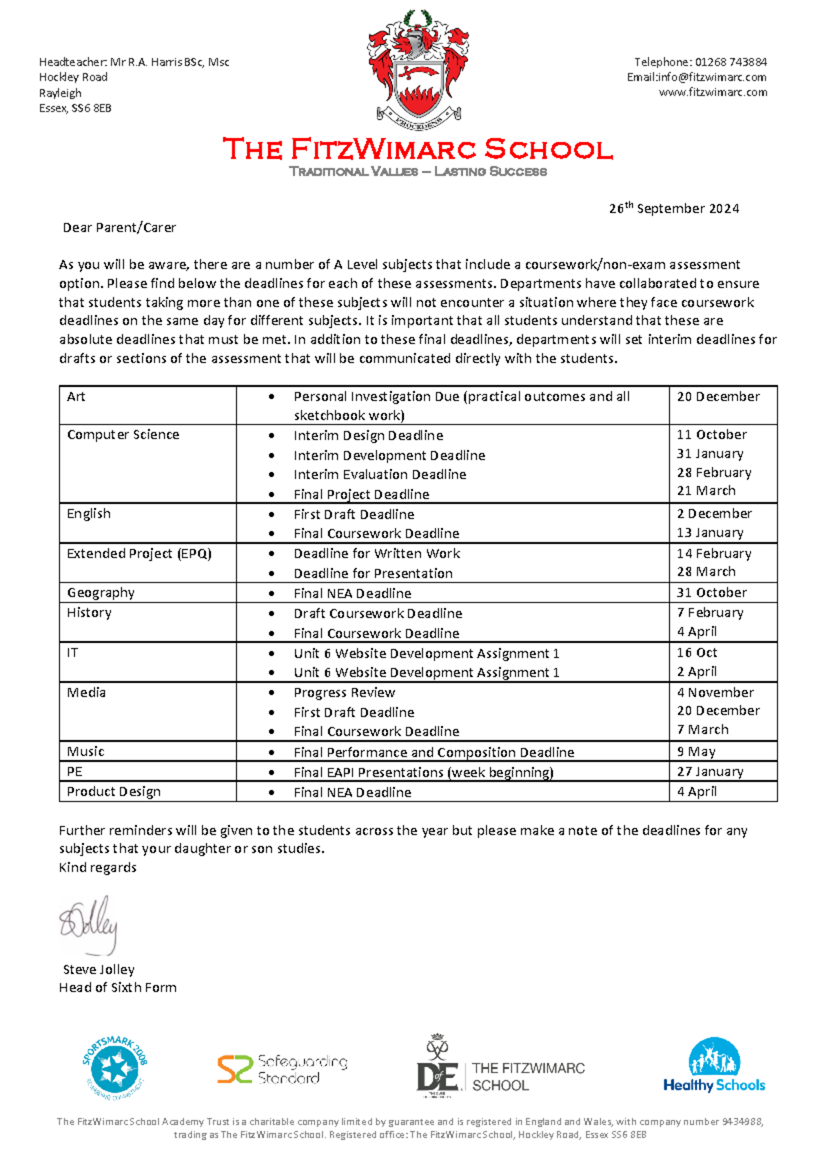 A Level Coursework Deadlines for 2024-25 at FitzWimarc School - Studocu