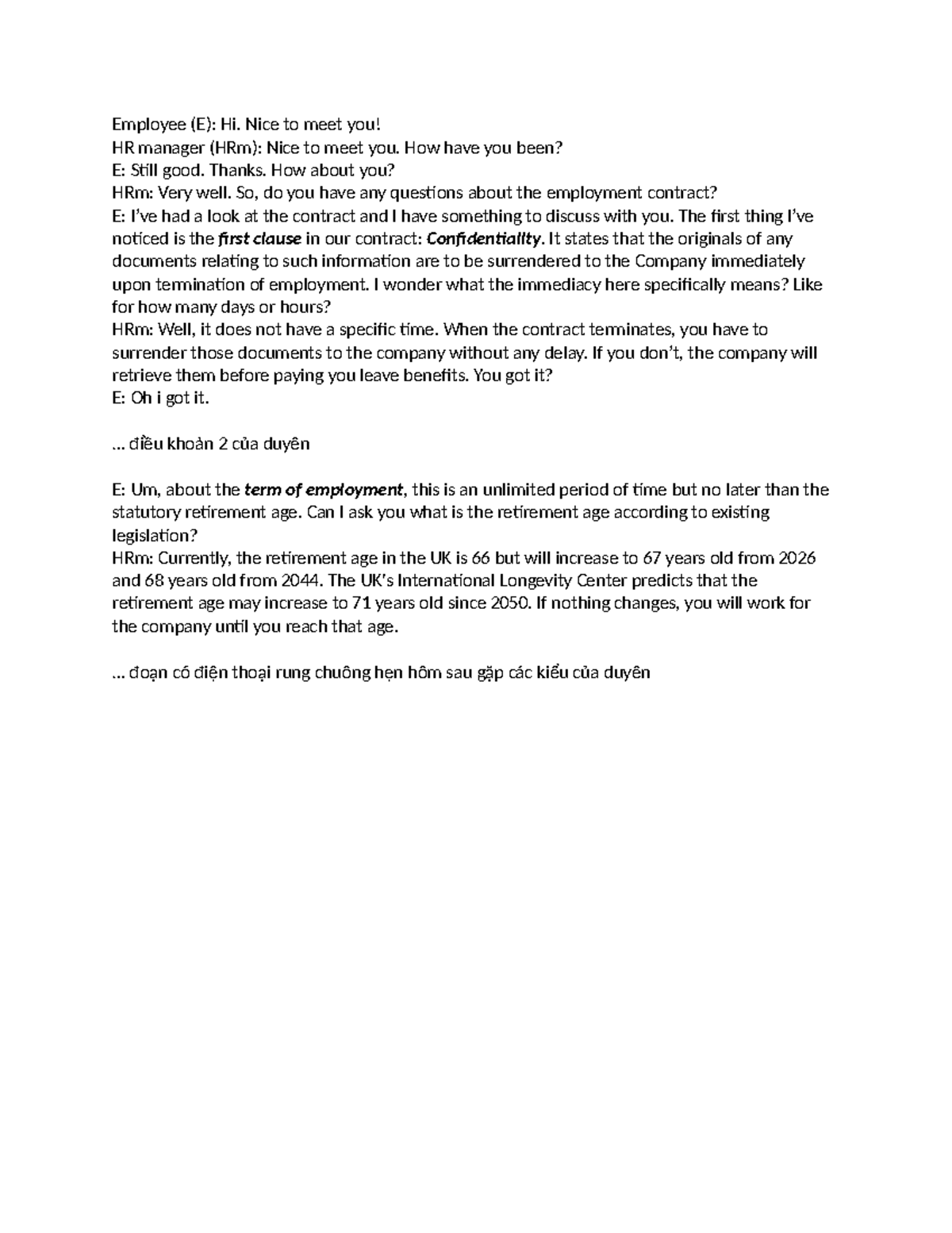 Legal English Script: Employment Contract Discussion (HRm & E) - Studocu