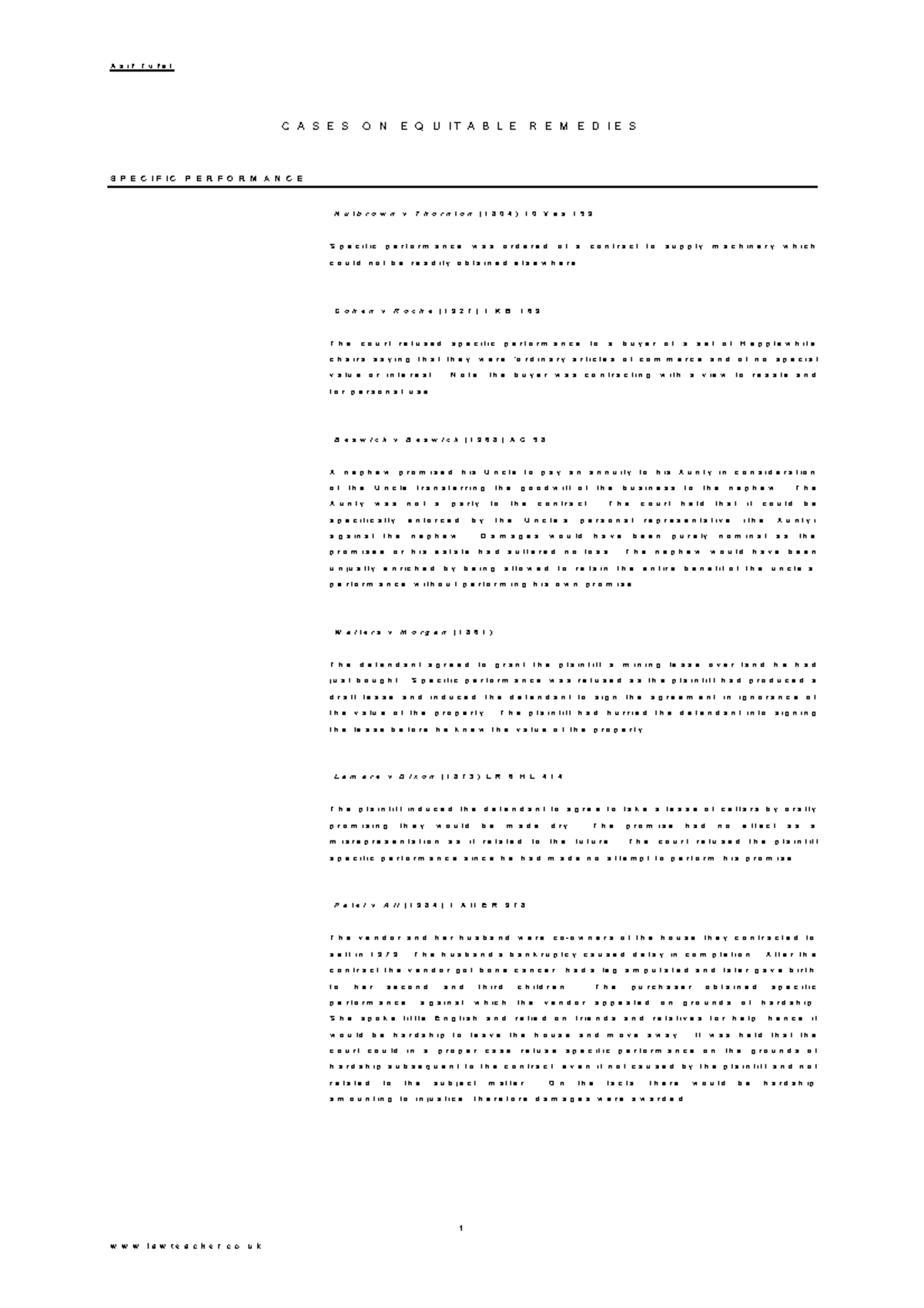 Remedies Cases on Equitable Remedies: Specific Performance ...