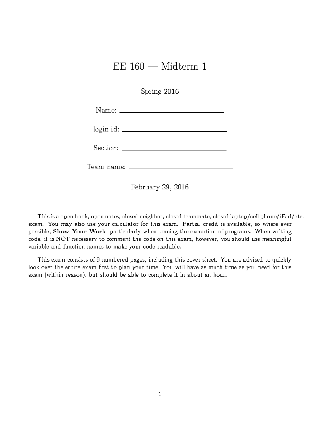 Midterm 1 Study guide - EE 160 Midterm 1 Spring 2016 Name: login id ...